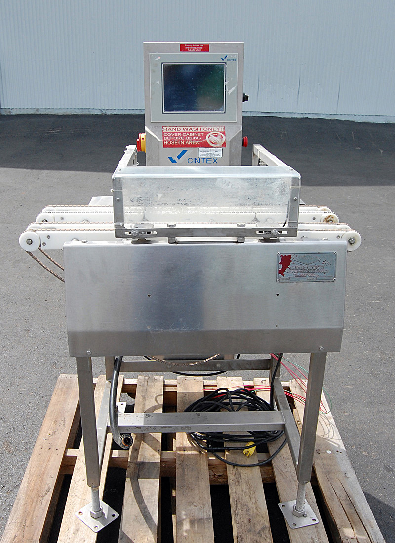 Used food product CHECKWEIGHER, with chain transfer for rigid containers, cartons, cans, jars, bottles, cups, Alard Food Packaging Equipment item Y0864