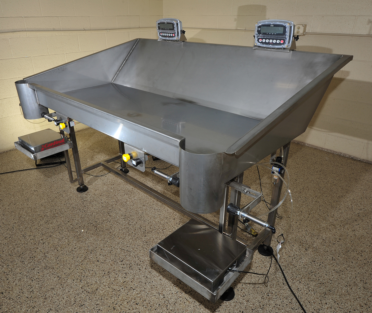 NEW BAG PACK TABLE, 2-station, food grade stainless steel, for fill by weight, with scales & bag holders; Alard item Y4442