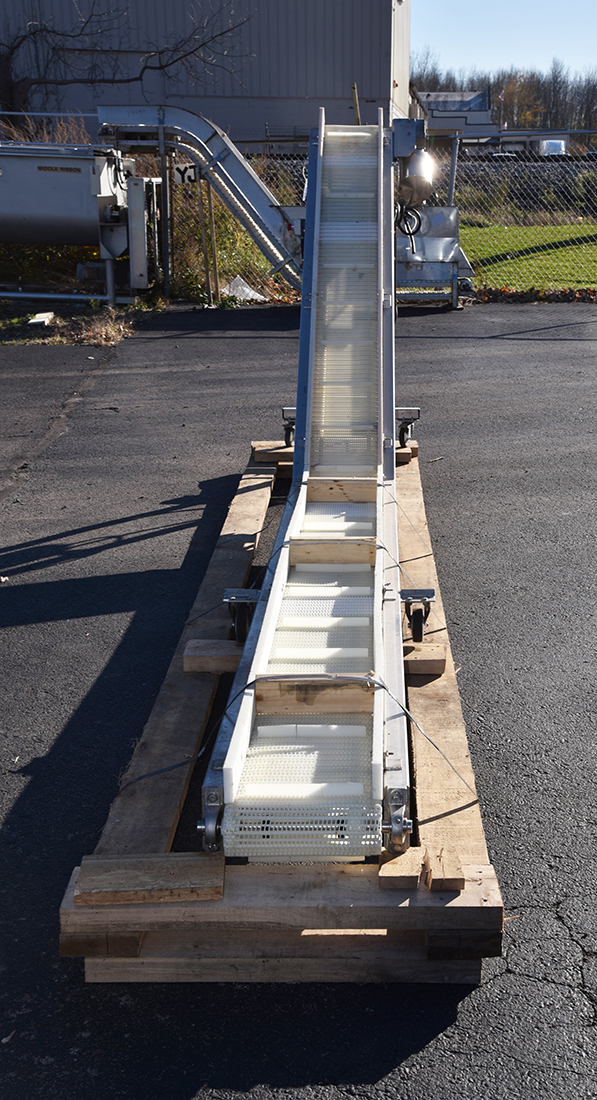 Used ELEVATING BELT conveyor, 12 inch wide, gooseneck, food grade, stainless steel, Alard Y4755