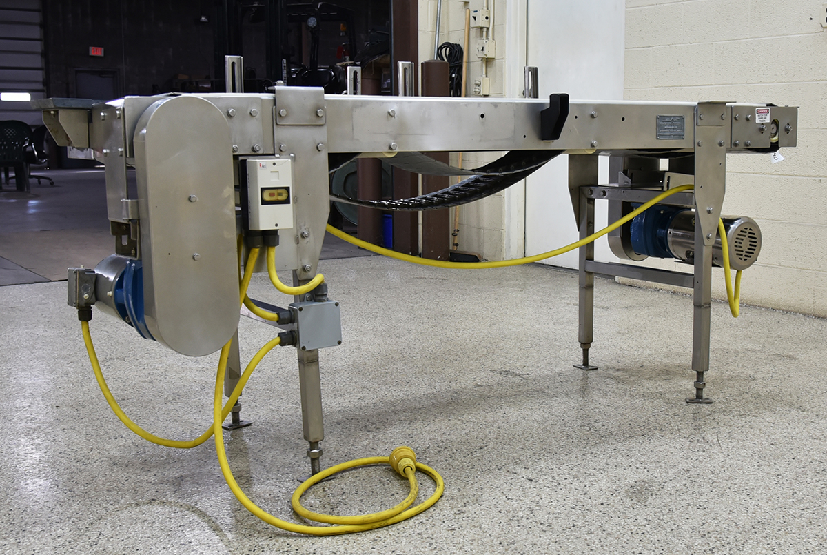 Used TWO-WAY CONVEYOR, 2-lane down and back, tabletop chain, stainless steel, Alard item Y5440