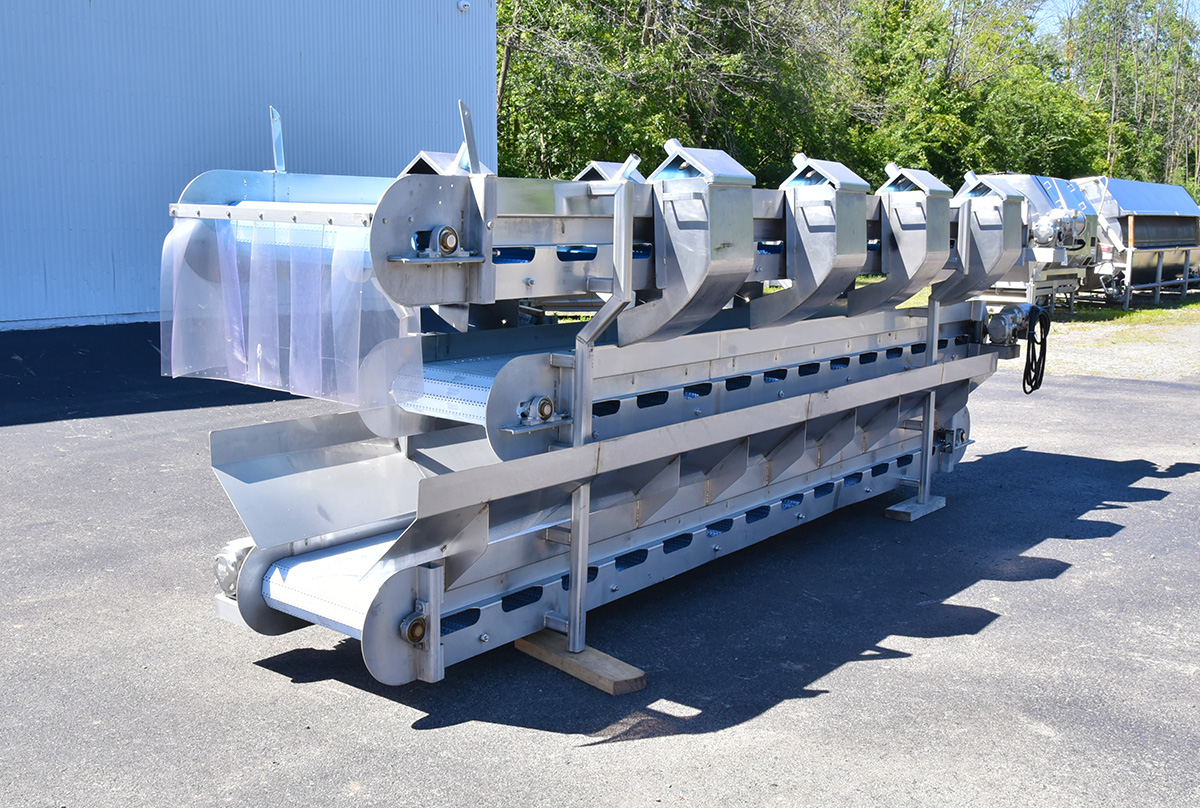 Used THREE-LEVEL INSPECTION BELT / CORING CONVEYOR / TRIM TABLE / FRUIT and VEGETABLE PACKING CONVEYOR, stainless steel, 8 station, Alard Equipment Corp item Y4899