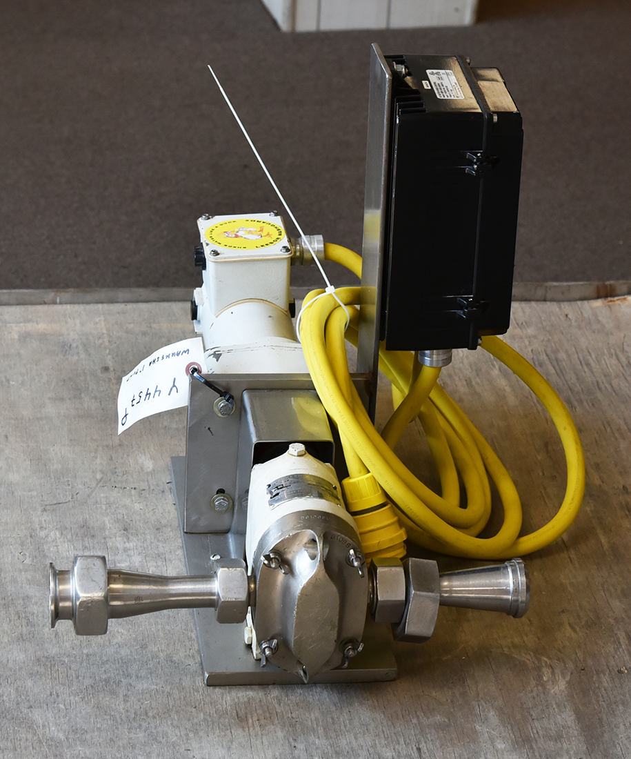 Used Waukesha Model 2 LAB-sized sanitary POSITIVE DISPLACEMENT PUMP, half-inch inlet and outlet, with drive and base, Alard item Y4457