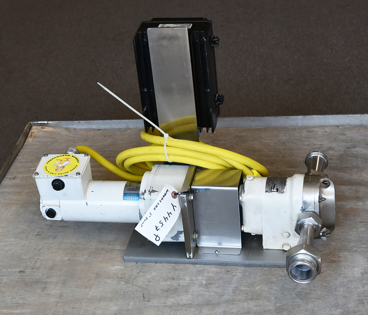 Used Waukesha LAB-sized sanitary LOBE PUMP, 1/2 inch inlet and outlet, with drive and base, Alard item Y4457